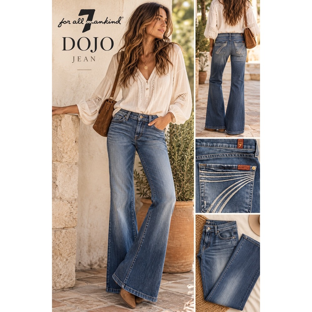 7 For All Mankind Dojo Jeans 28 Flare Wide Leg Y2K Made USA Medium Wash